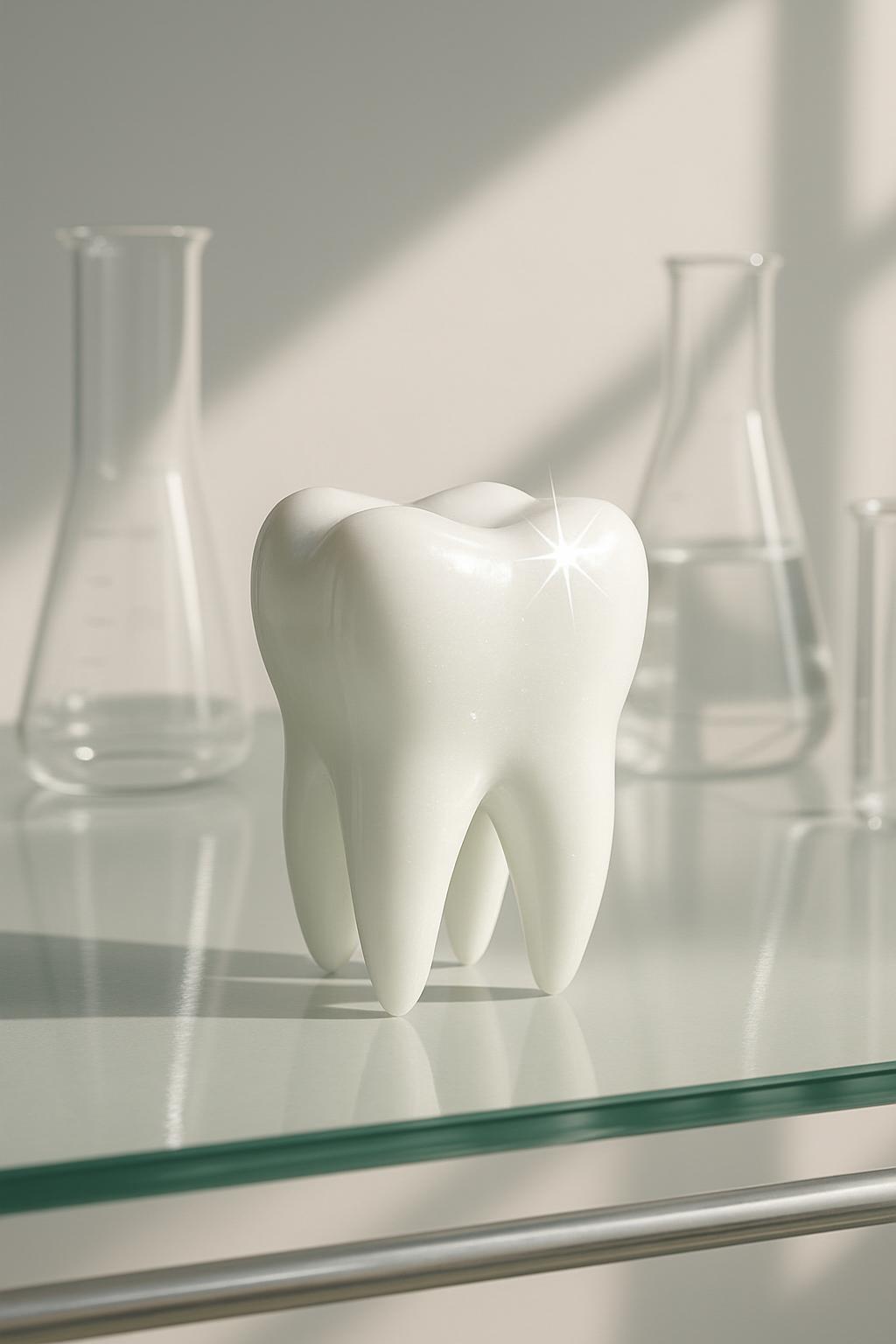 The alt text should read: "A white tooth figurine sitting on a glass surface, with a blurred background featuring beakers."