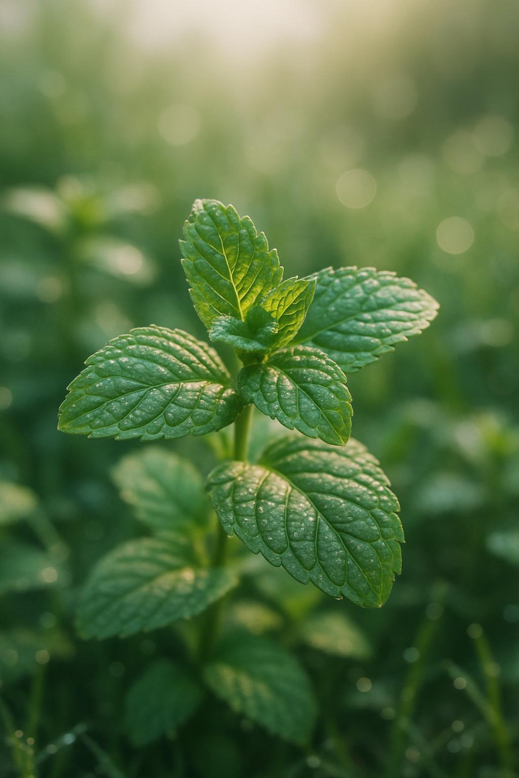 A close-up of a small mint plant with leaves, resembling a cross, standing upright in a field with a bright green backgrou...